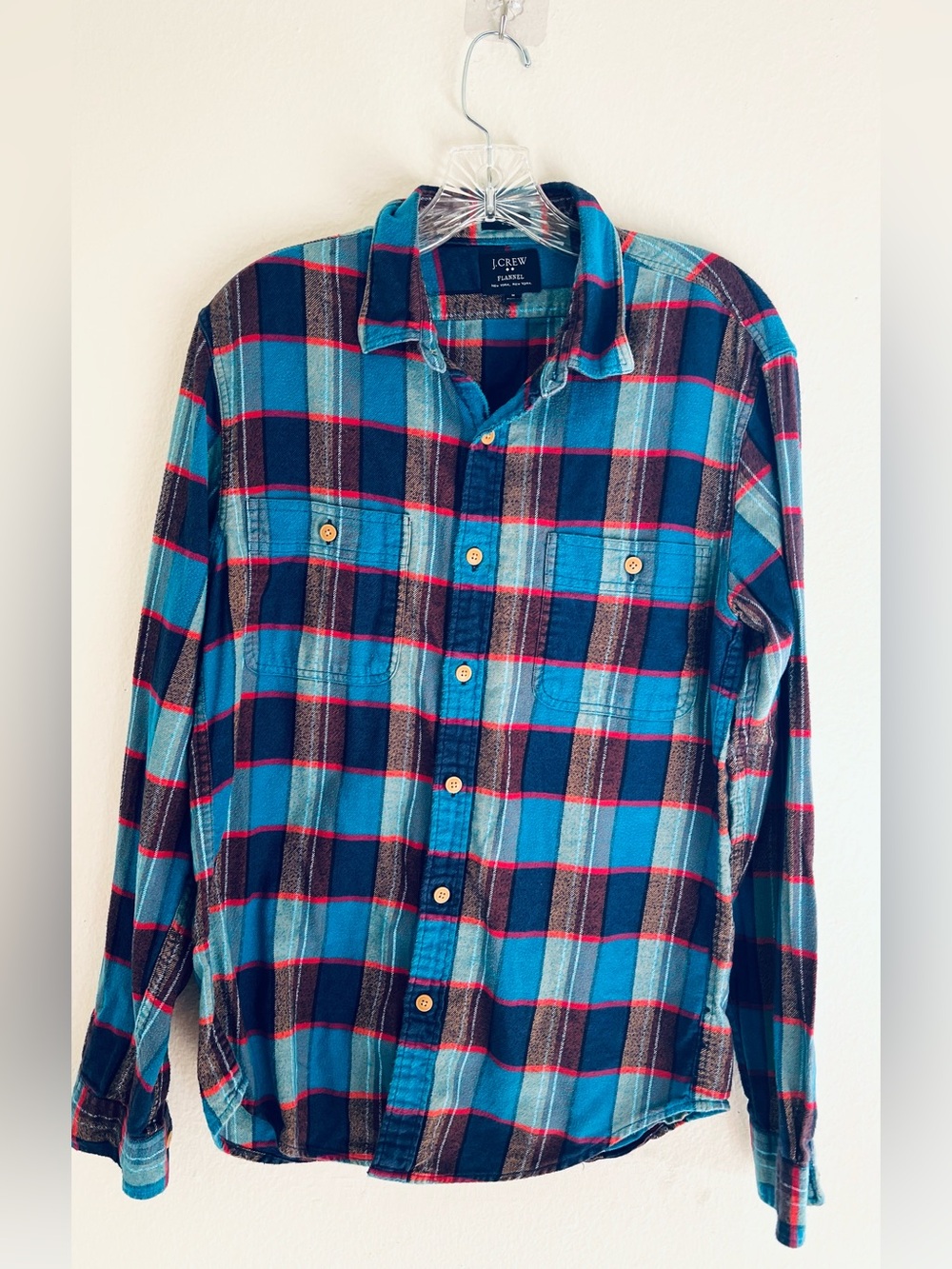 J.Crew Flannel Shirt Men Medium Slim Plaid Blue Red Button Front Cotton Casual